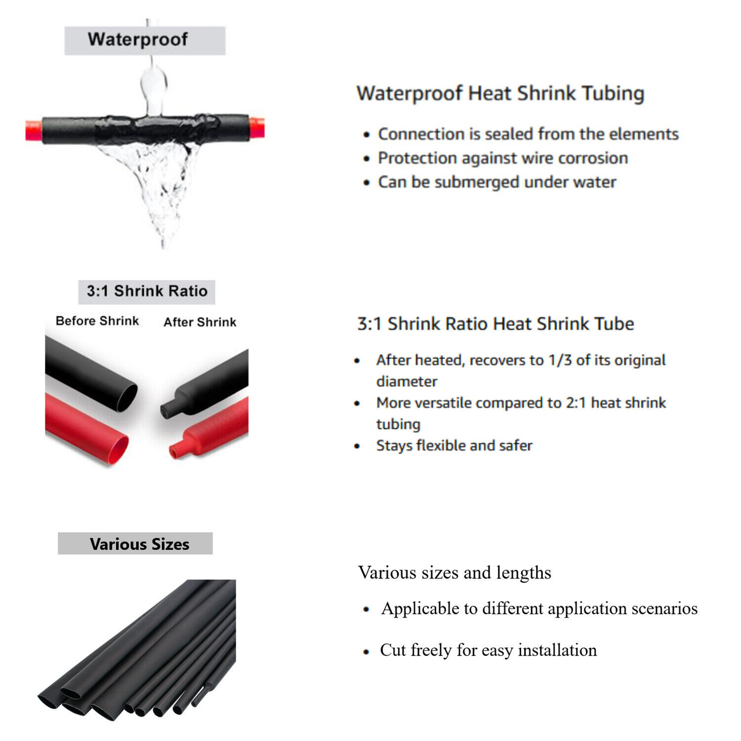 BLACK Heat Shrink Tubing Tube Dual Wall 3:1 Adhesive Glue Lined Waterproof