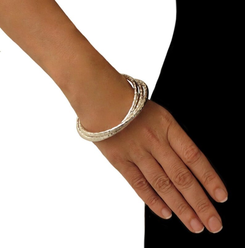 Set Of 3 Bangle Solid 925 Sterling Silver Hammered Round Popular Bangle, M1618