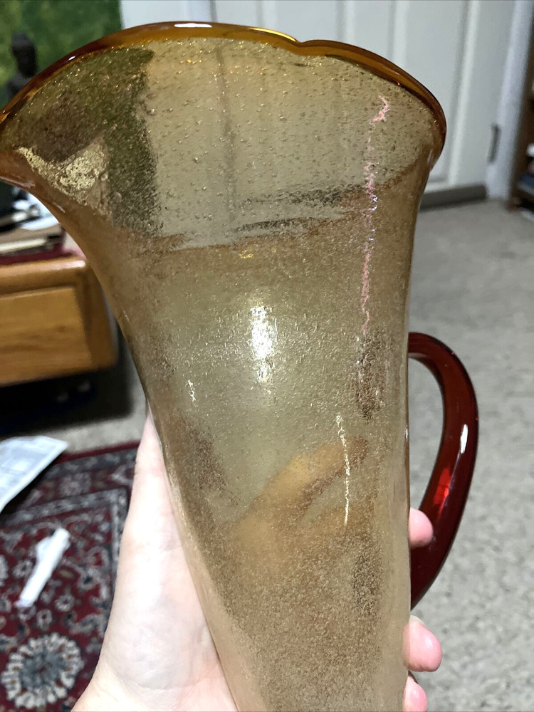 Large Hand Blown Orange/brown Glass Controlled Bubble Pitcher Applied Handle