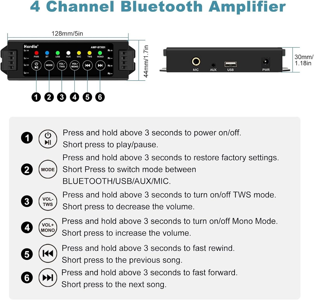 Herdio 4-Channel Bluetooth Amplifier Receiver w/ Power Supply, IR Remote Control