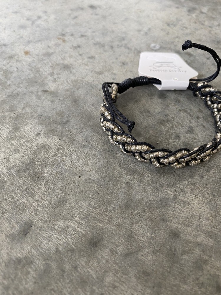 Artisan Black Silver Beaded Woven Braided Bracelet