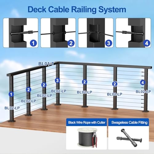 8FT-16FT Complete Set 36" Cable Railing Post Kit, 35"x2"x2" 3 level post kit
