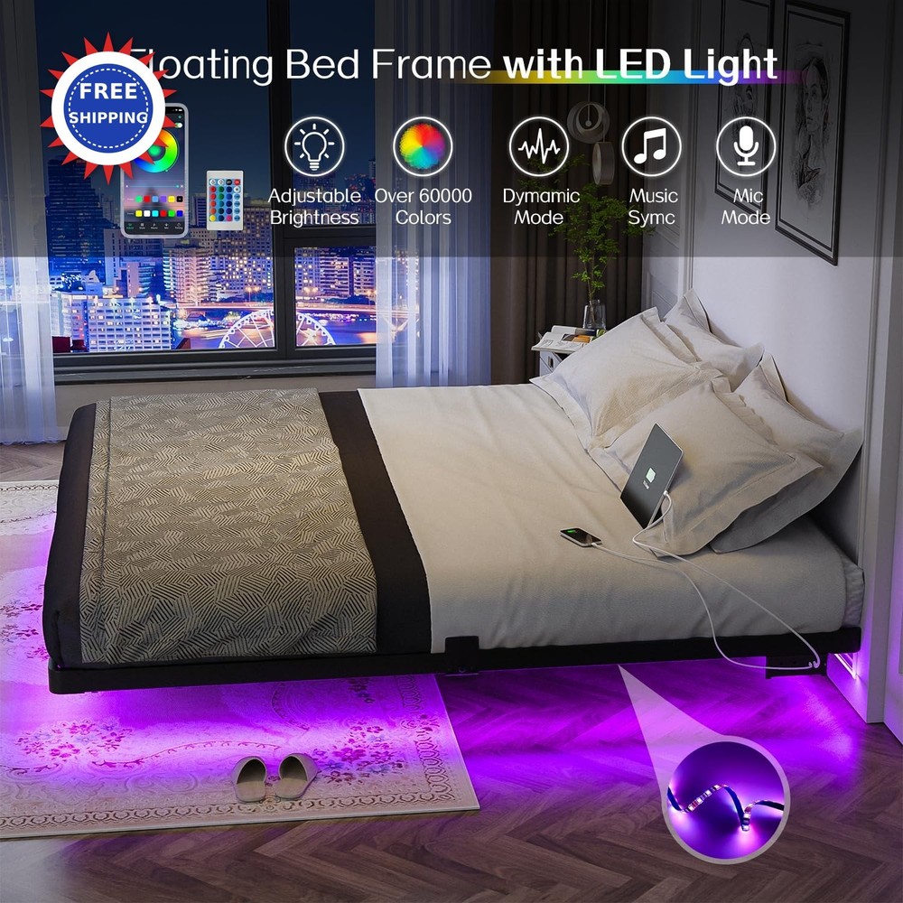 Floating Bed Frame King Size Metal Platform LED Light Charging Station OLEVS