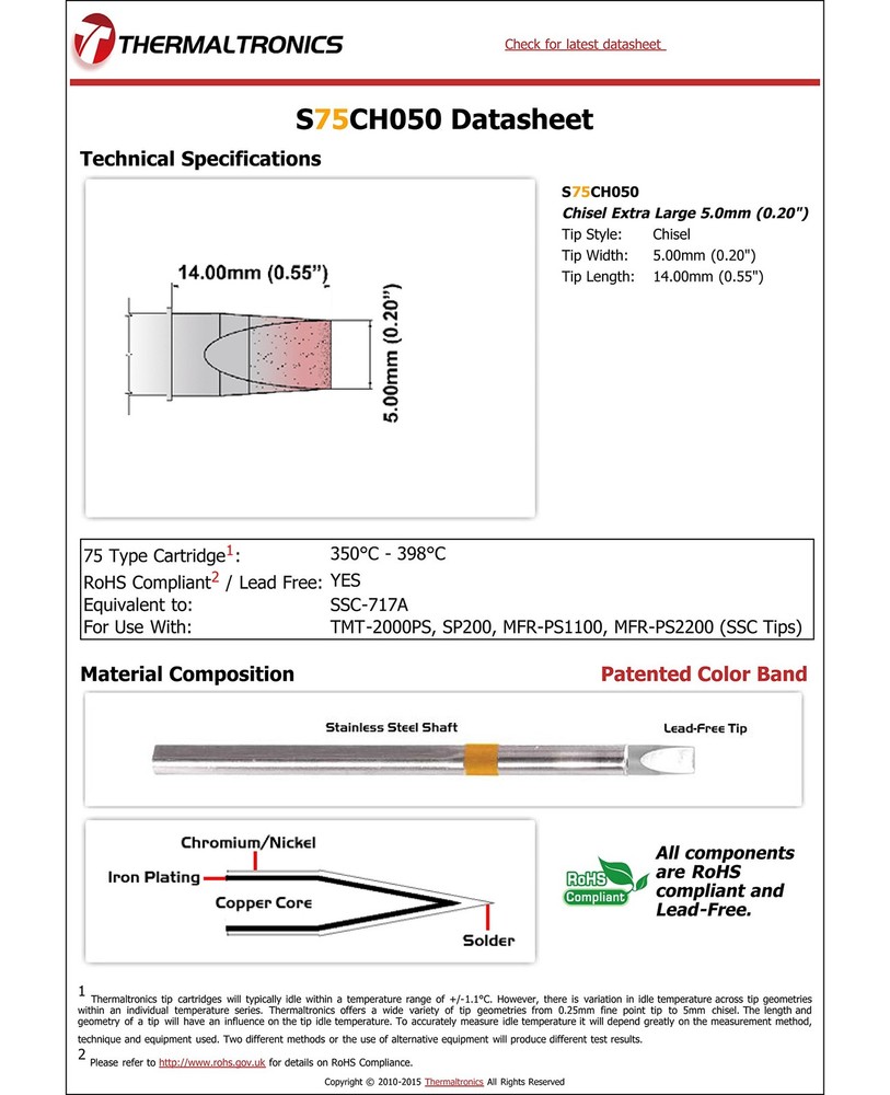 Thermaltronics S75CH050 Chisel Extra Large 5.0mm (0.20in) interchangeable 0.5