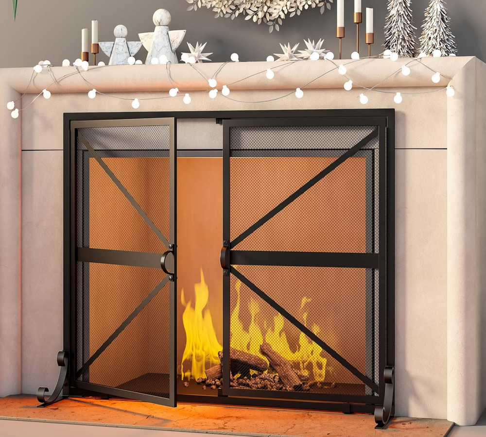 Fireplace Screen with Doors, 2-Pannel Handcrafted Solid Wrought Iron Decorative