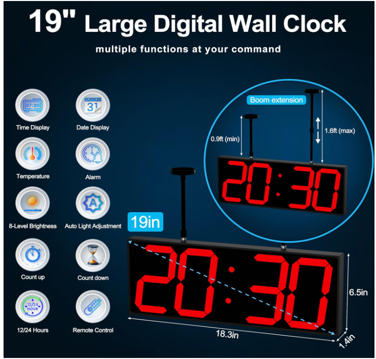 Digital Clock Large Display 19" with Remote Control,Double-Sided Clock, Suspende