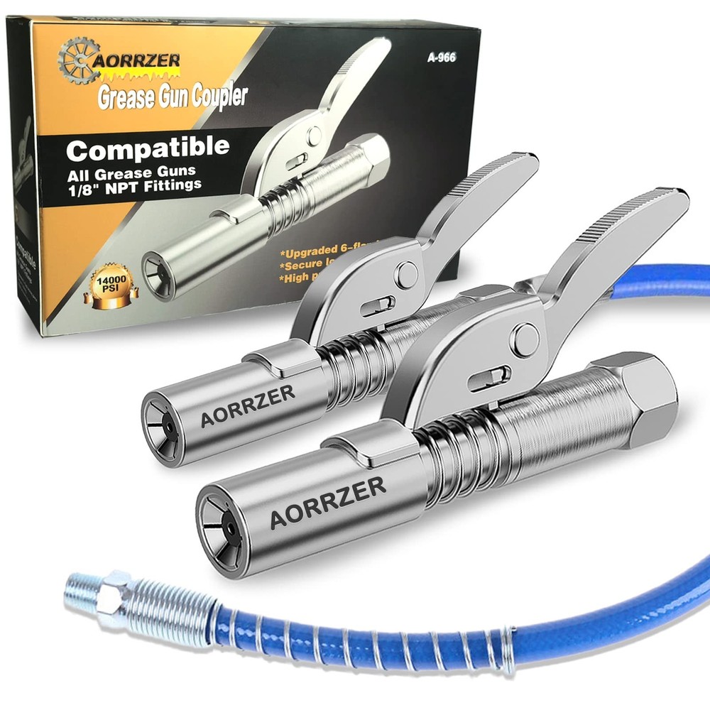 AORRZER Grease Gun Coupler 2 PCS, Strong Lock on Greases 2 pcs+hose, Silver