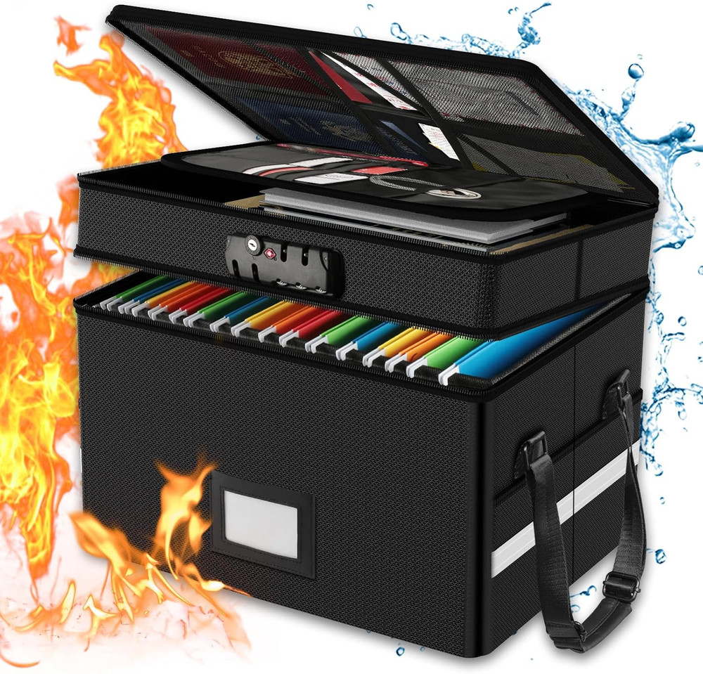 Fireproof Document Box with Lock, 2 Layer Fire Proof File Box for Documents with