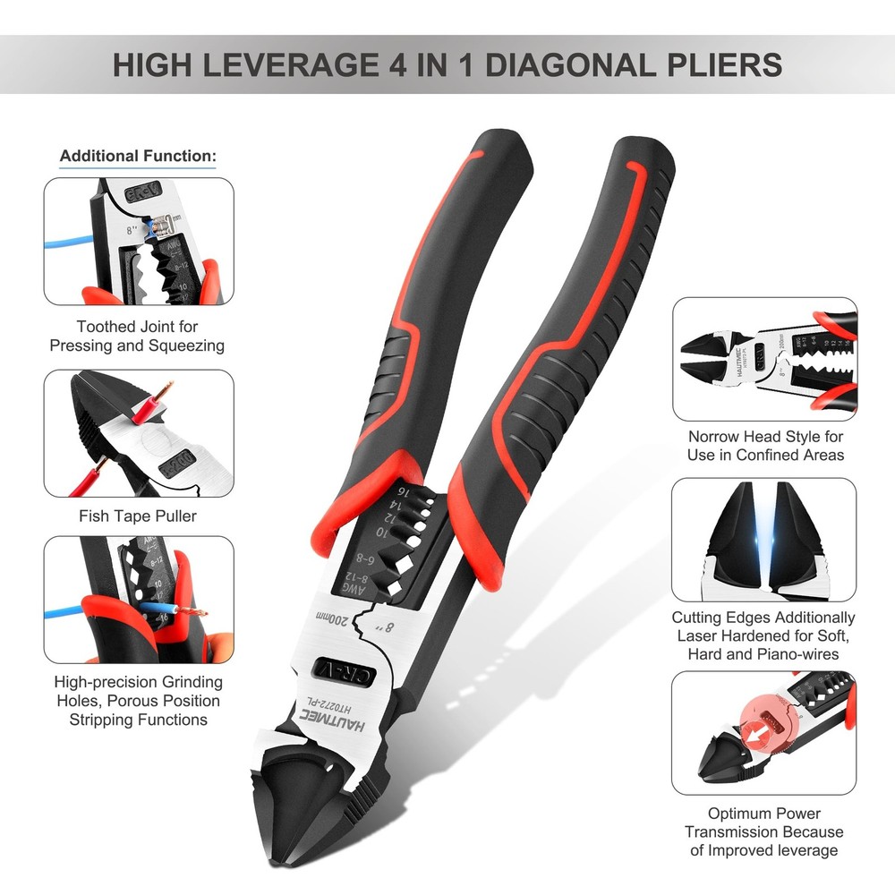 HAUTMEC 8" Wire Cutters,Pro-High Leverage Diagonal Pliers,4 in 1 Multifunctio...