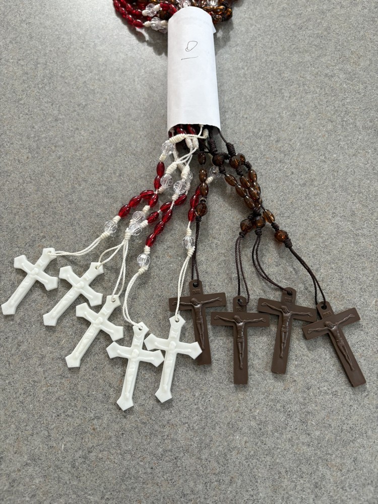Catholic Prayer Bead Rosary 4-Brown/6-Red Plastic Beads w/ White Cross 10pk