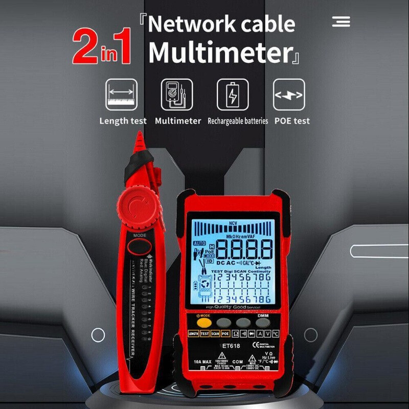 Multifunctional Network Cable Tester with LCD Display Multimeter Line Finder Red