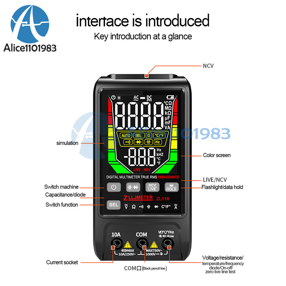 Digital Smart Multimeter AC DC Voltmeter Ammeter Resistance Ohm Meter 9999 Count