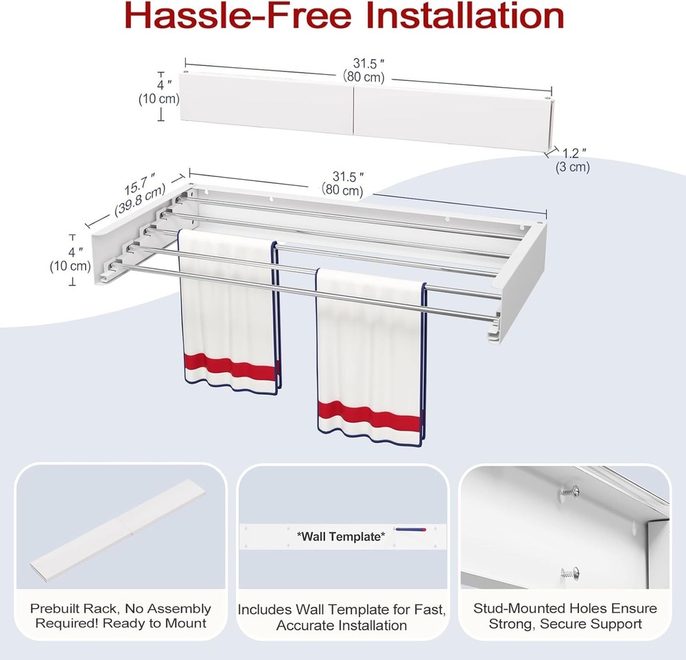 Space-Saving 31.5" Wall Mounted Drying Rack - Stylish Foldable Laundry Solution