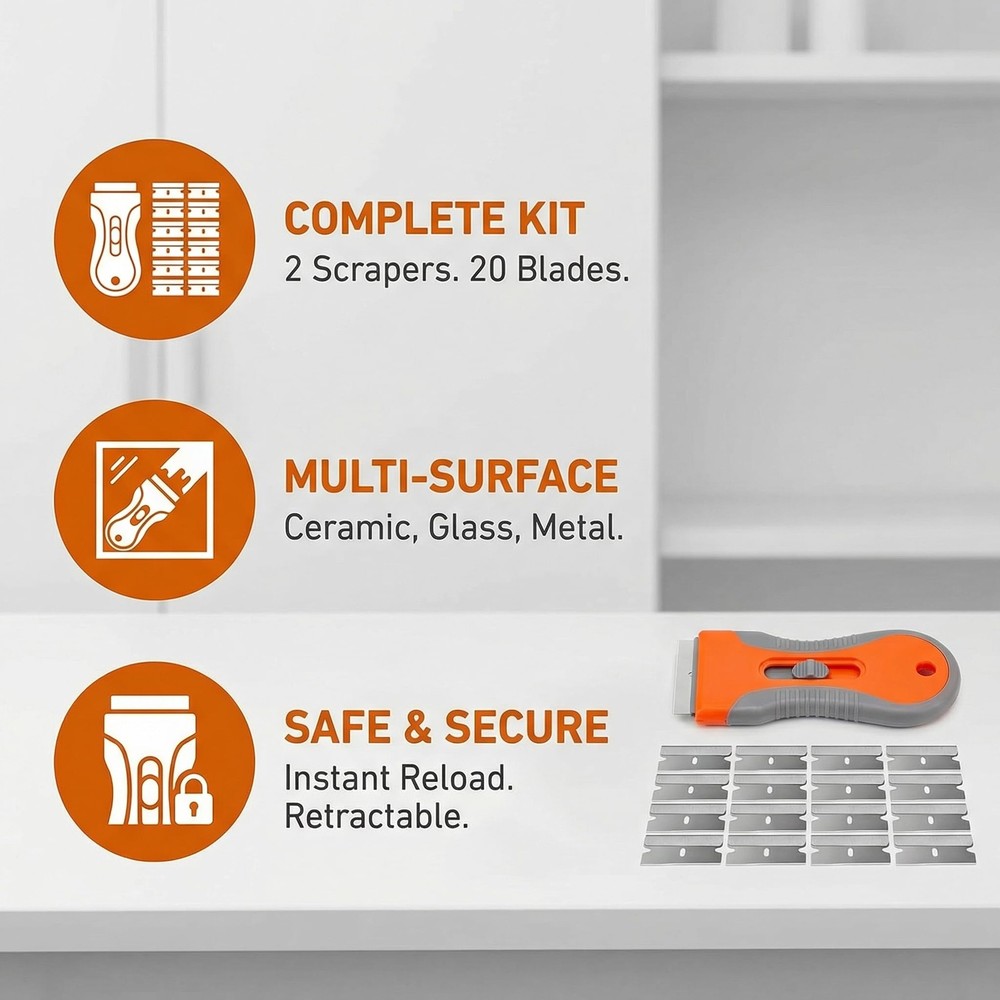 Razor Blade Scraper Tool 2 Pack with 20 Extra Blades - Retractable Red,orange