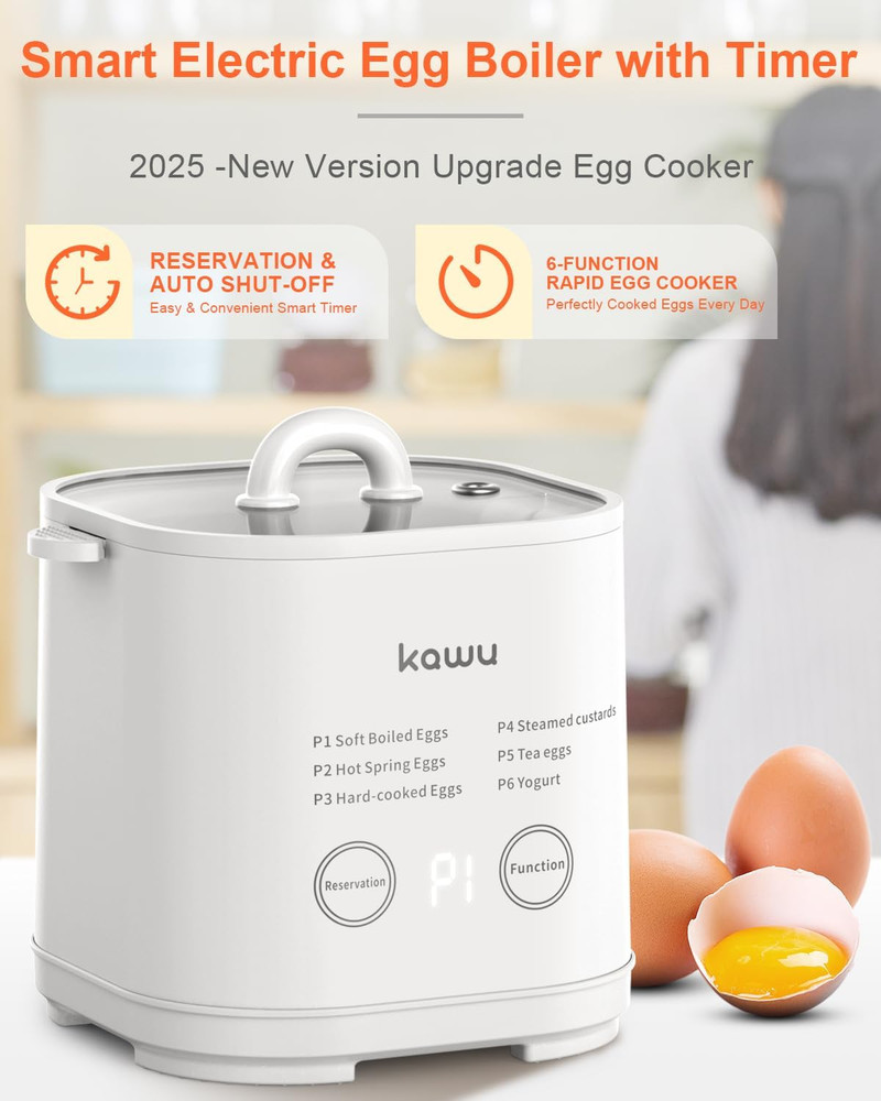 6-Function Egg Cooker for Hard Boiled Eggs, Egg Boiler with Timer, Egg Cooker fo