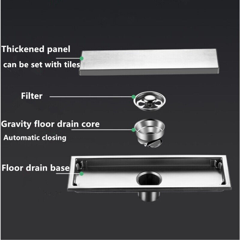 24" Linear Shower Drain Rectangular Trench Floor Drain 2-in-1 Tile Insert Cover