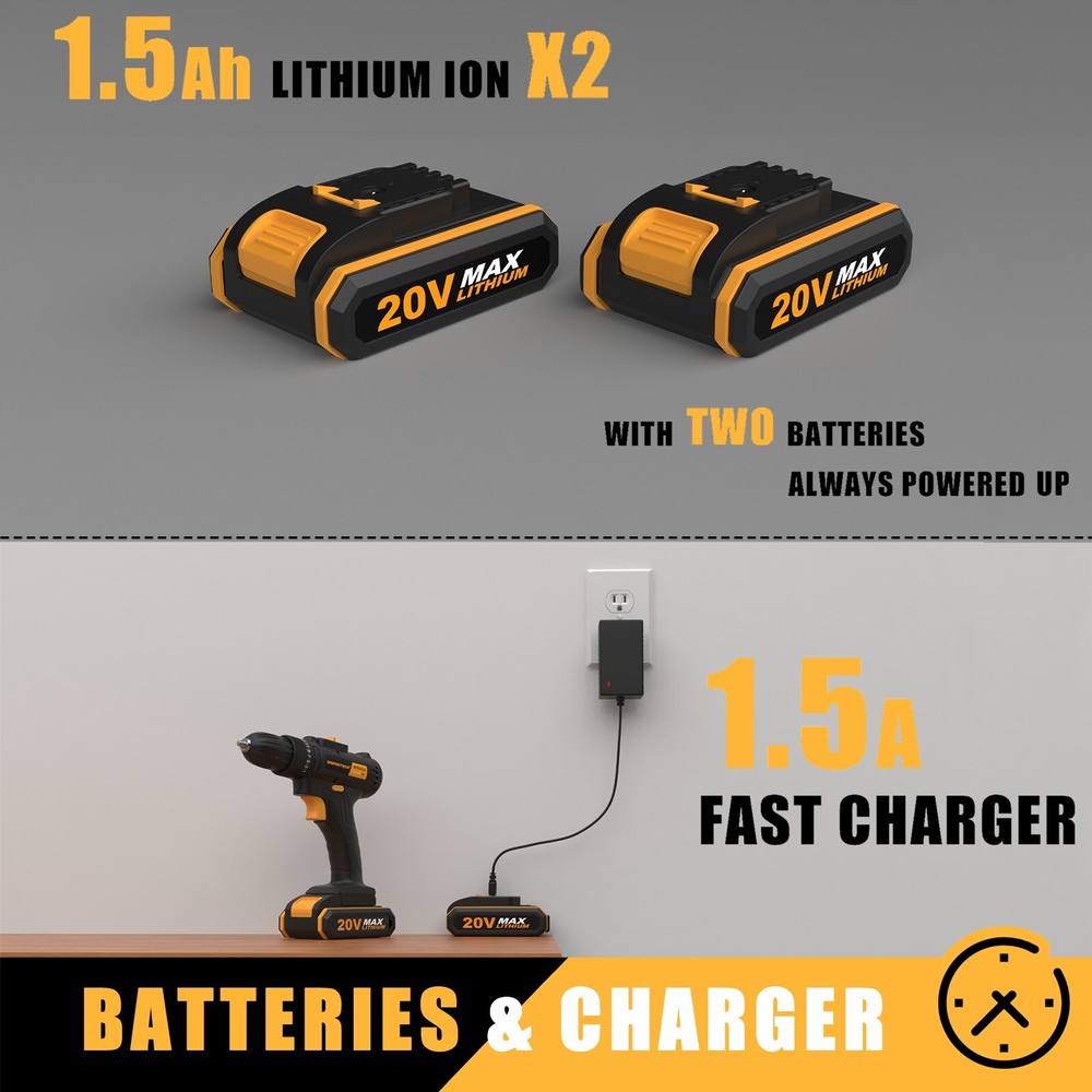 Cordless Drill/Driver with Bits Set & 2 Batteries 20Volt drill 2 Speed Electric