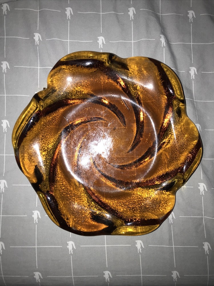 Vtg Depression Amber Glass Ashtray