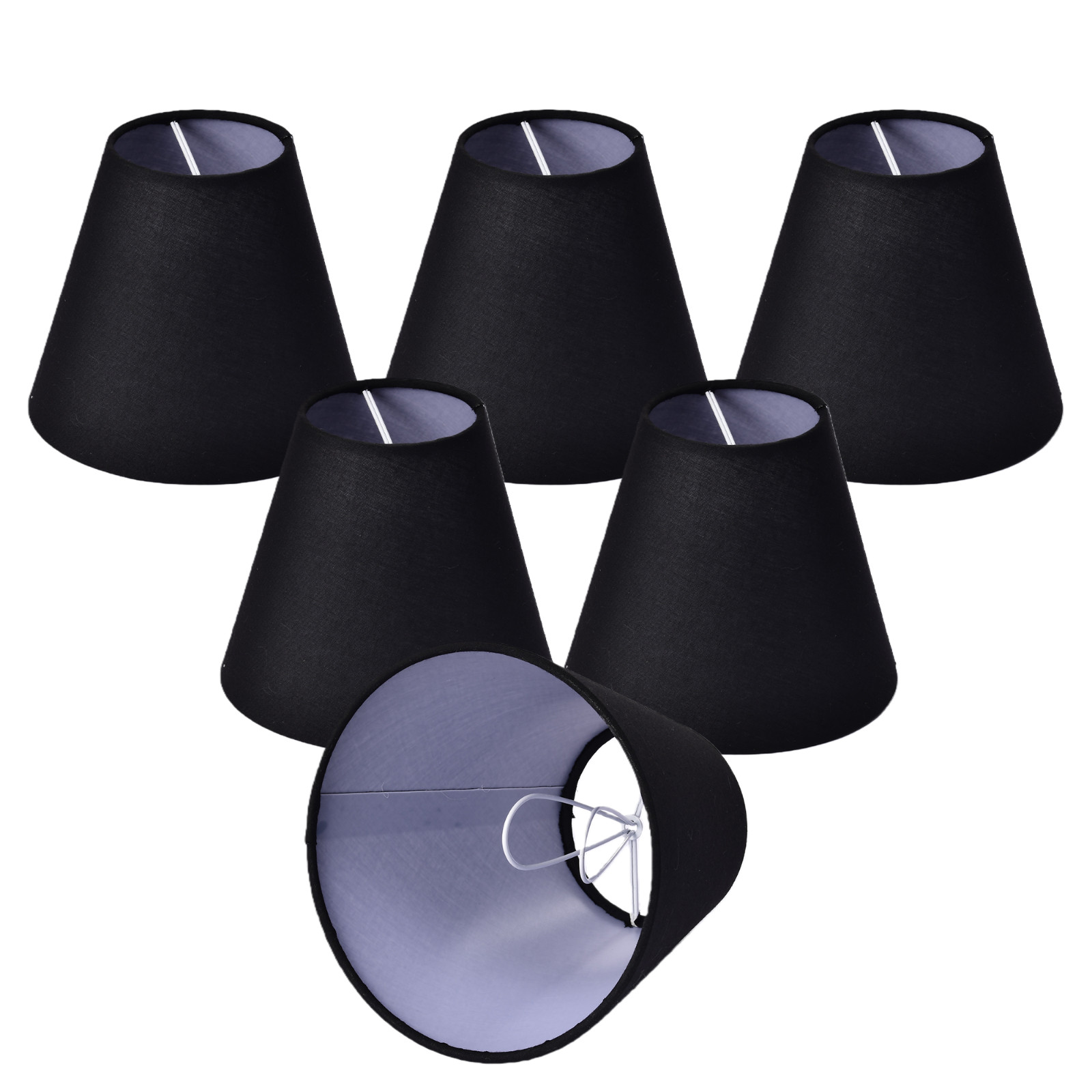 Set of 6 Black Clip-On Chandelier Lamp Shades for E12 Bulbs, Mini Fabric Shades