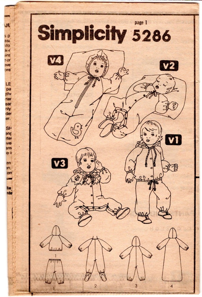 Babies' Bunting, Coverall, Pull-on Pants & Hooded Unlined Jacket Simplicity 5286