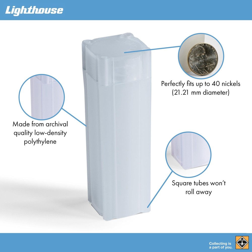 LIGHTHOUSE - Square Coin Tubes - Convenient Push Top, 10 pack, White