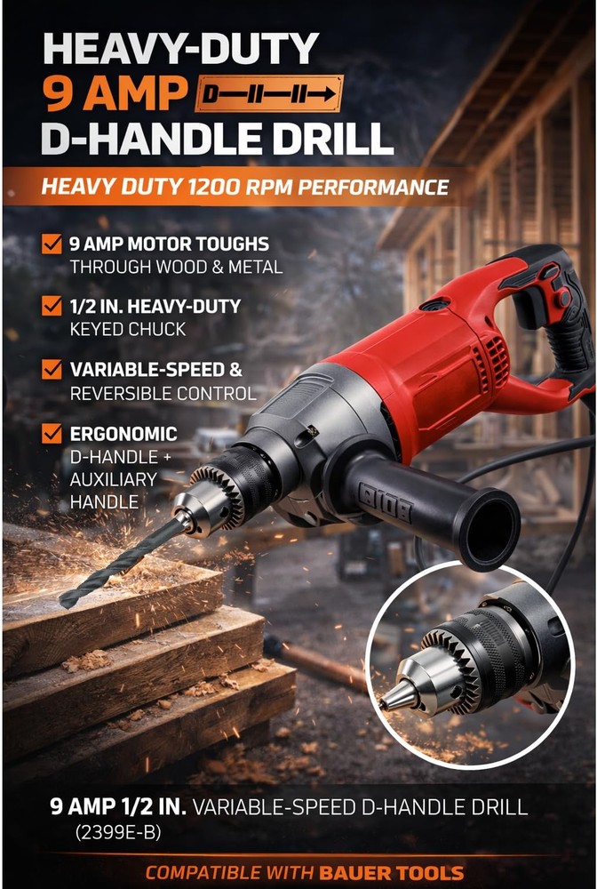 9 Amp 1/2 In Variable-Speed D-Handle Drill (2398E-B) Compatible with Bauer Tools