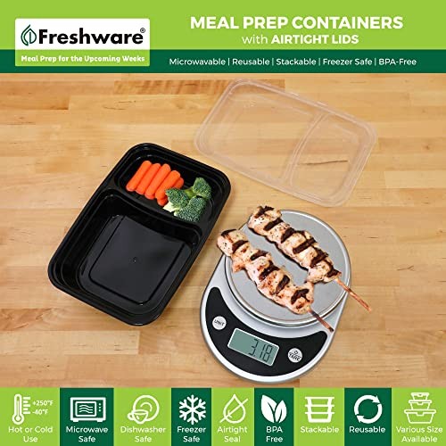 Freshware Meal Prep Containers [50 Pack] 2 Compartment 2-COMP-50PK, Black