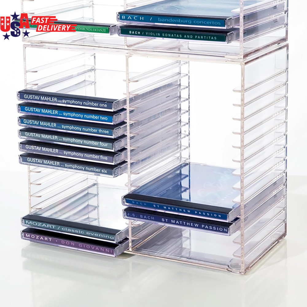 Stackable Clear Plastic CD Organizer with Rubber Feet | Rectangular Jewel Cases
