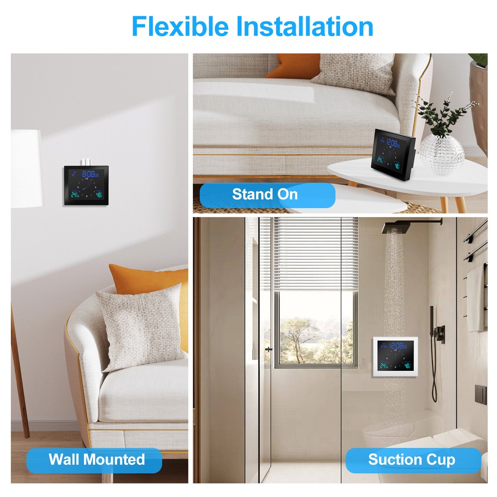 Digital Bathroom Clock Smart Temperature Humidity Meter Thermometer Waterproof