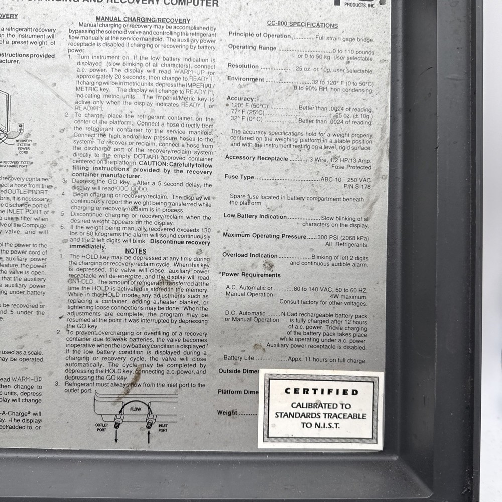 COMPUTE-A-CHARGE MODEL CC-800 Automatic Refrigerant Charging