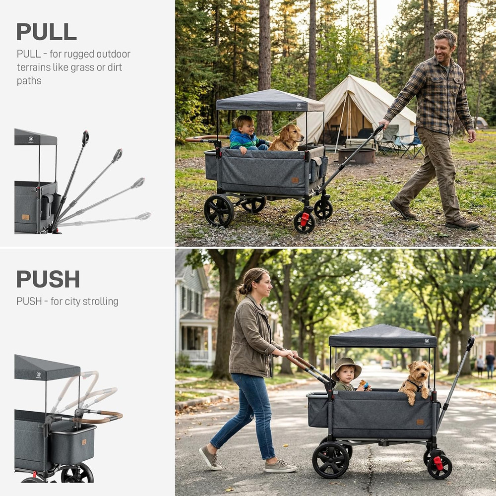 Side-Unzip Stroller Wagon for 2 Kids - 2-In-1 Bench Mode & All-Terrain Push-Pull