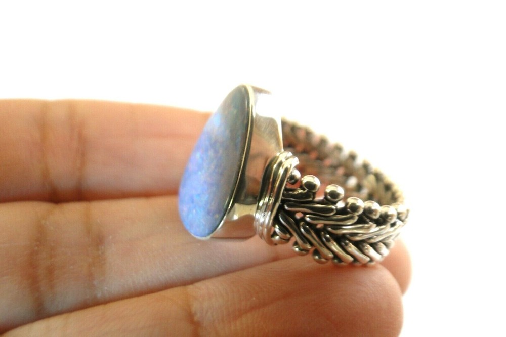 Blue Australian Opal Solitaire 925 Sterling Silver Ring Size 8