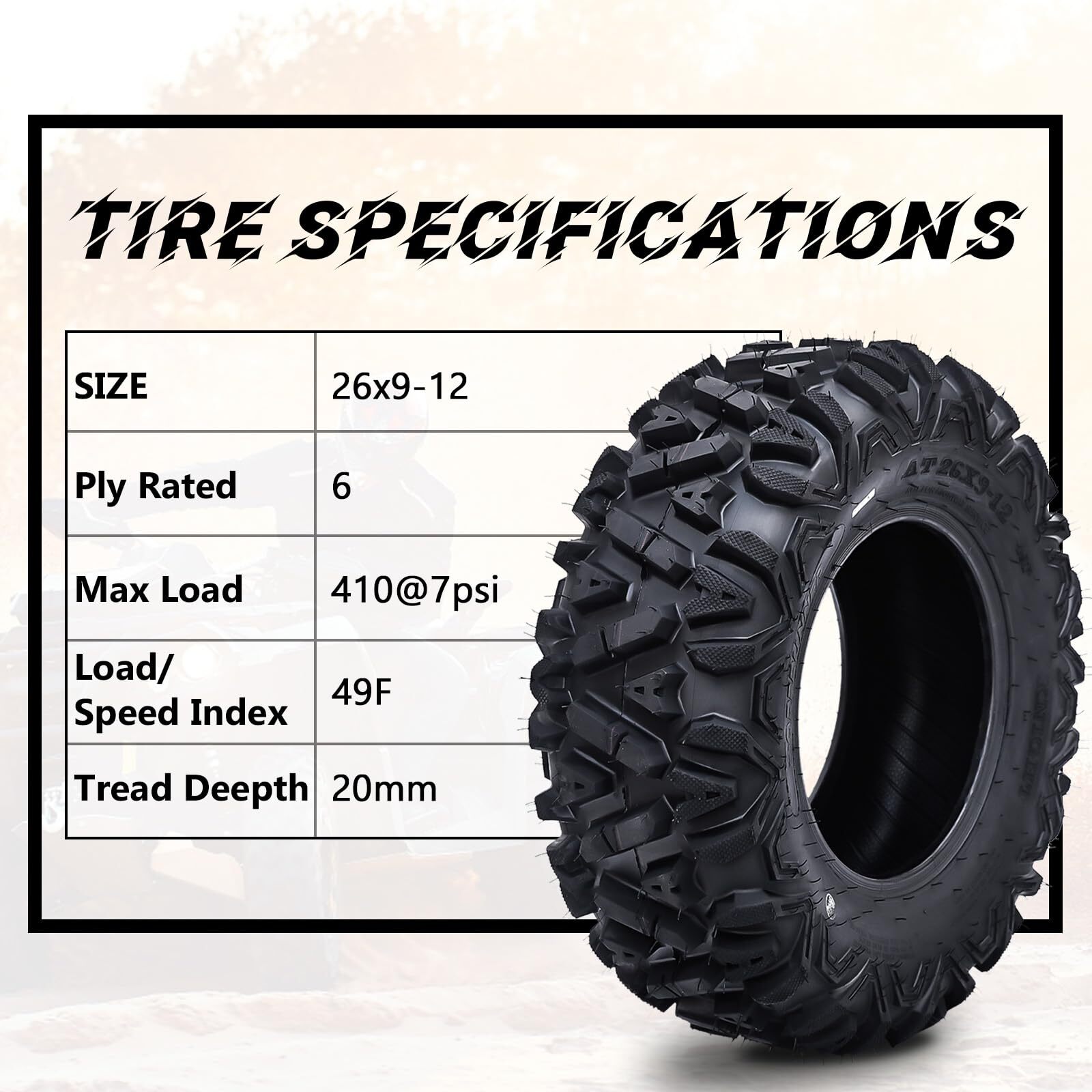 4PCS 26x11-12 26x9-12 Front Rear ATV Tires 26x11x12 26x9x12 6PR Mud ATV UTV Tire