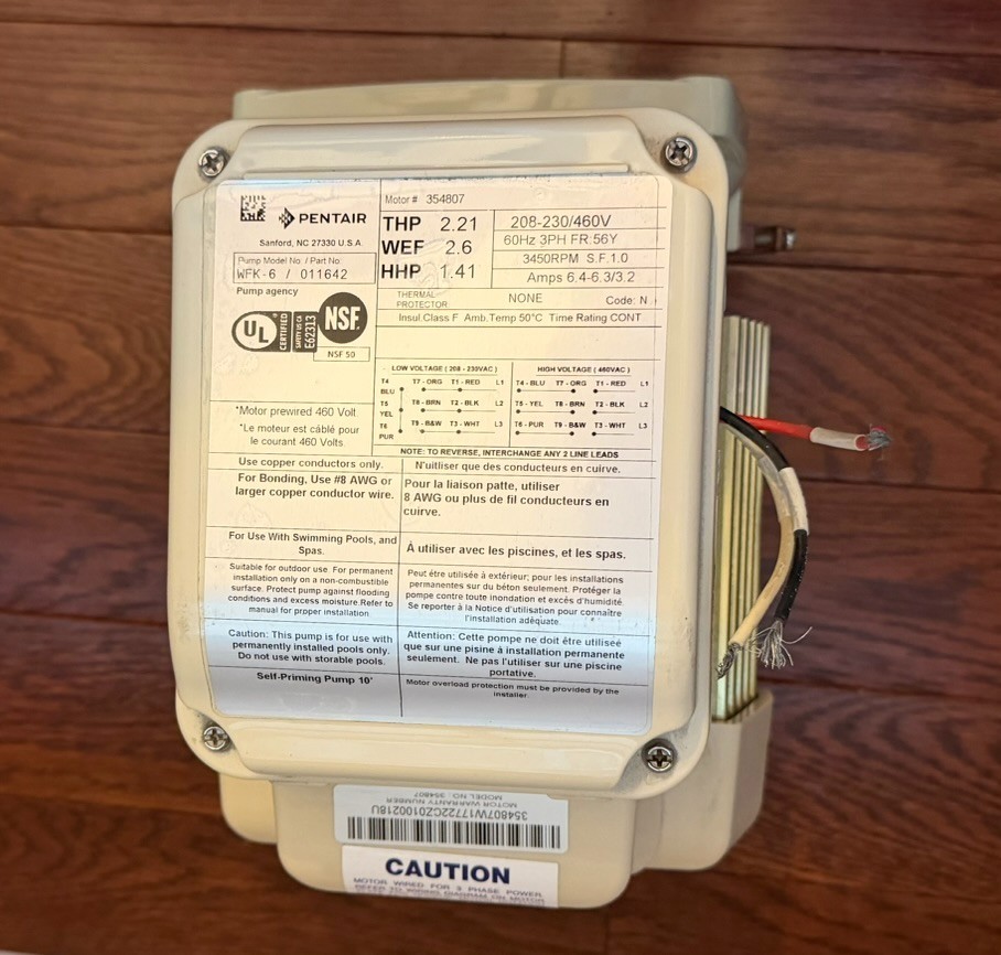 Pentair 354807 1.5 HP Pump Motor Square Flange 3-Phase 208-230/460 Volts 60 Hz*