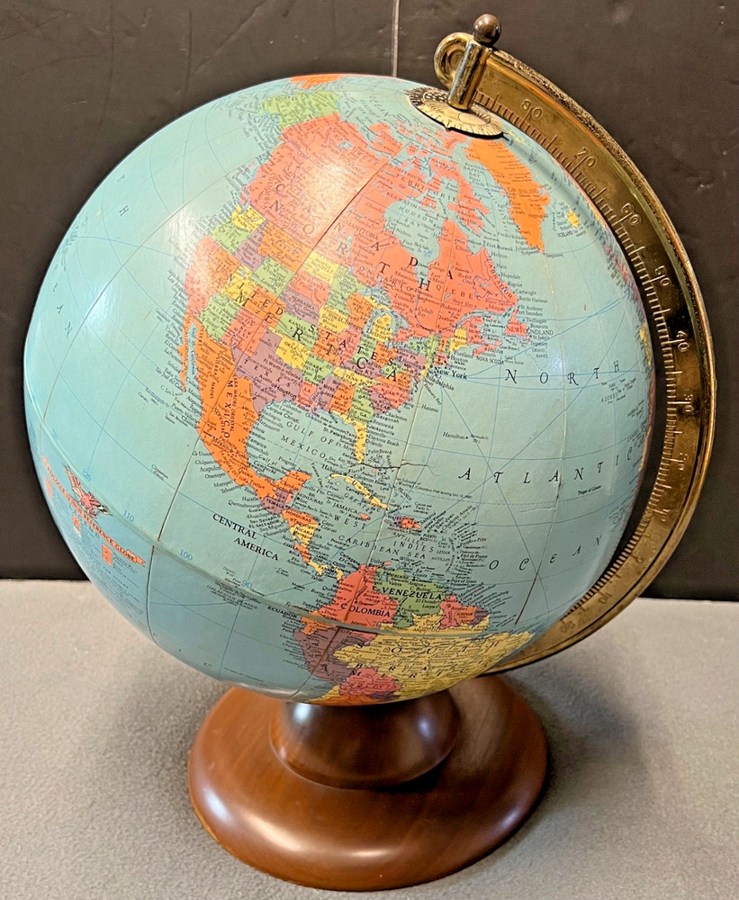 Vintage 1950s 12" REPLOGLE REFERENCE GLOBE, MCM Modern Wood Base, NICE