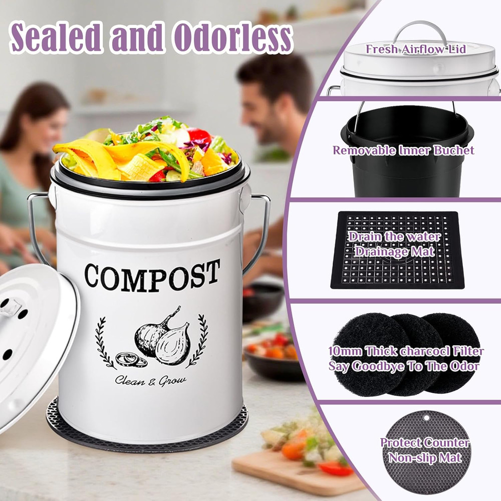 Countertop Compost Bin Kitchen,Odorless Indoor Compost Bin with Lid and Compost