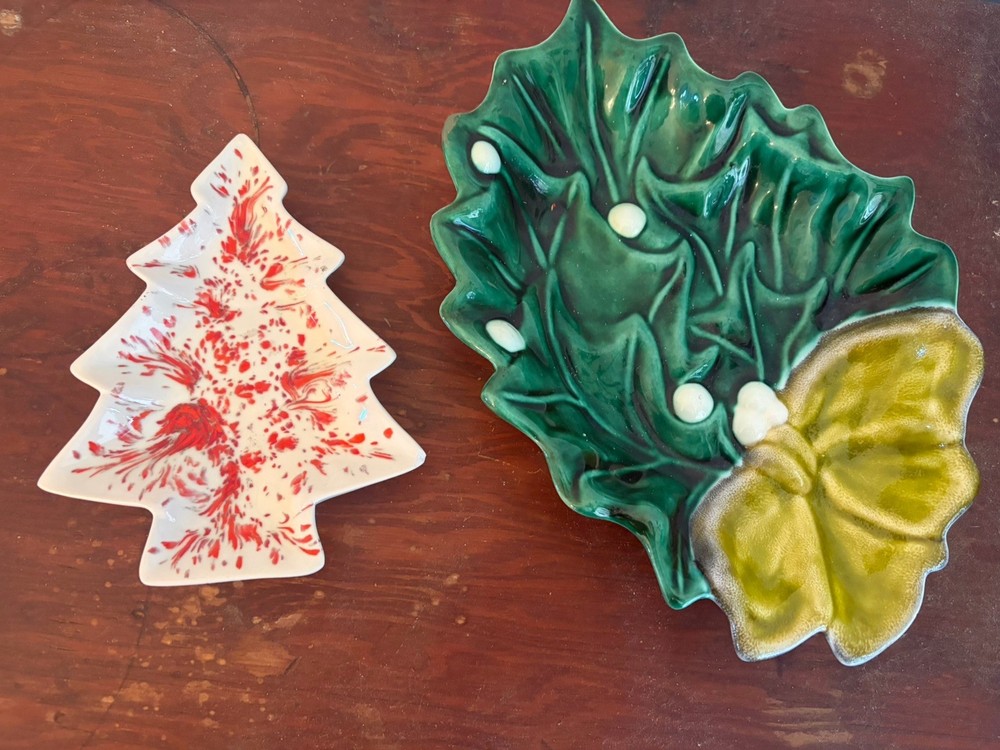 Vintage Christmas Ceramic Serving Decorative Dishes Sponge Paint Tree