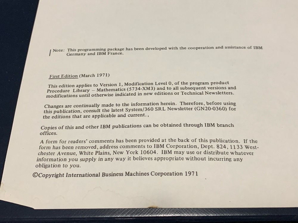 Vintage IBM Procedure Library - Mathematics (PL-MATH) Program Description 1971