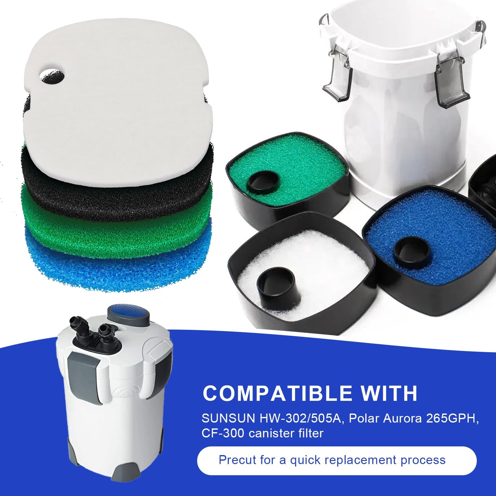 16 PCS Replacement Canister Filter Pads Compatible with SUNSUN White