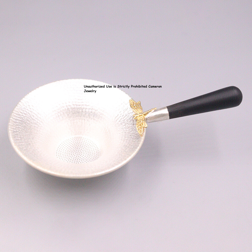 Solid S999 Fine Silver Tea Infuser Carved Dragonfly Mesh Tea Strainer 4.7inch