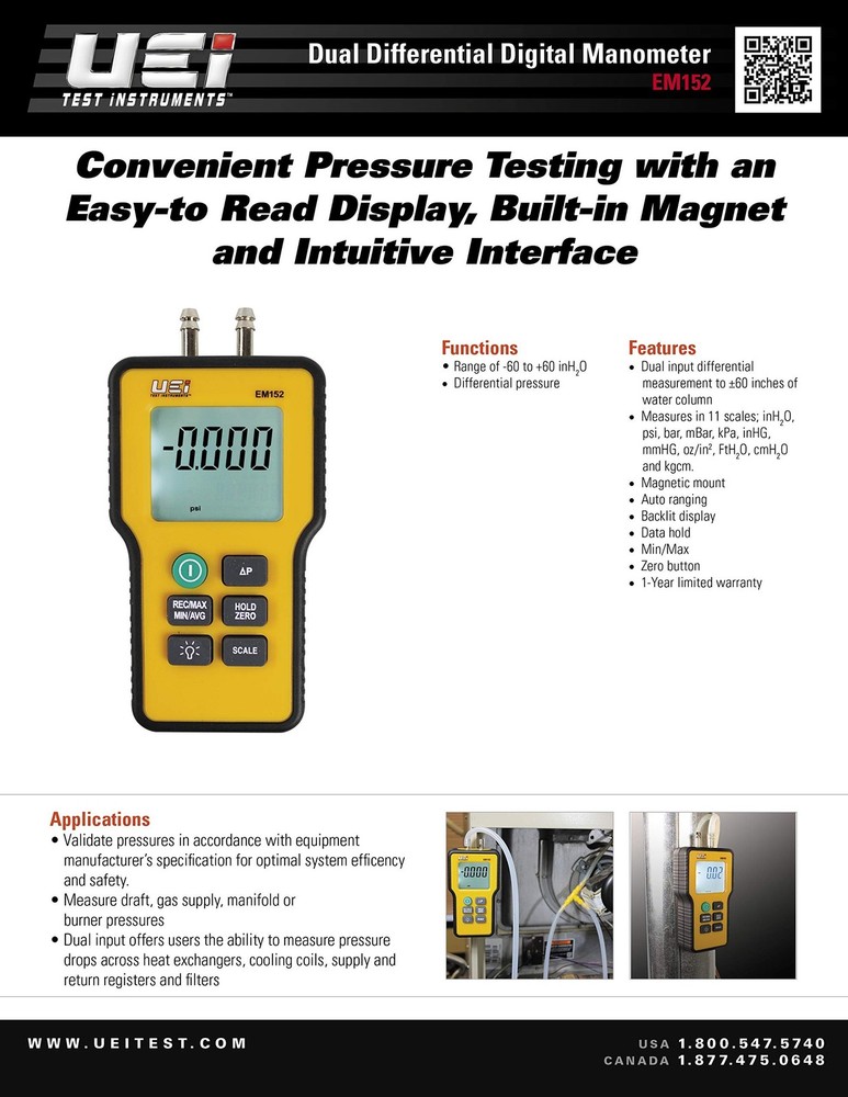 UEi Test Instruments EM152 Dual Differential Digital Manometer One Size