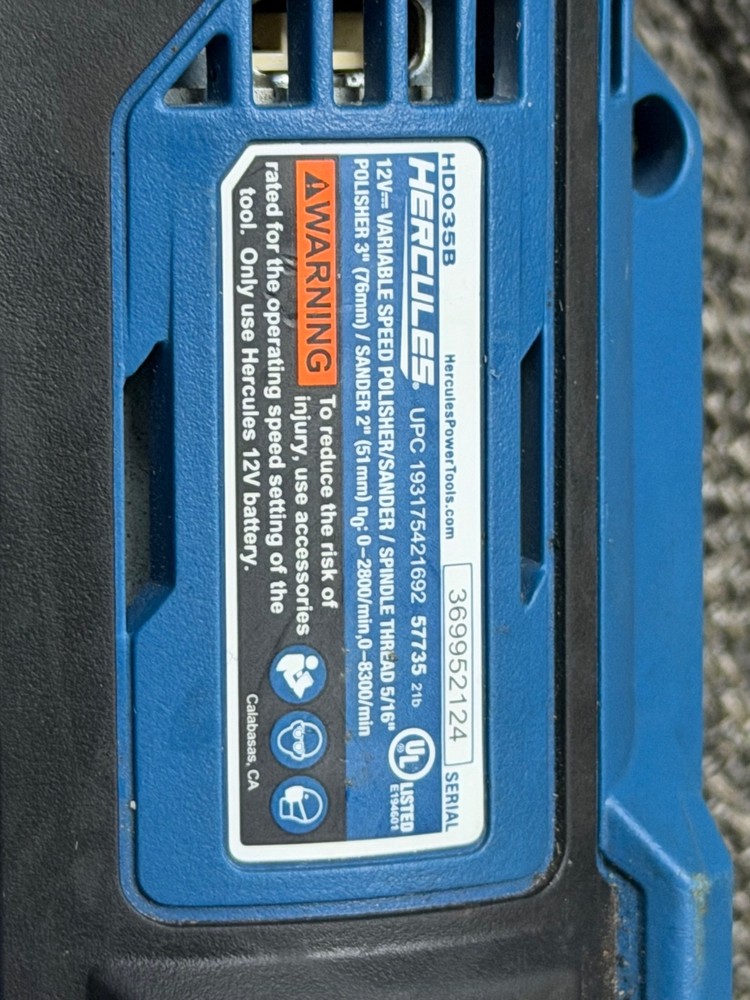 HERCULES 12V= VARIABLE SPEED POLISHER/SANDER / SPINDLE THREAD 5/16" POLISHER 3°