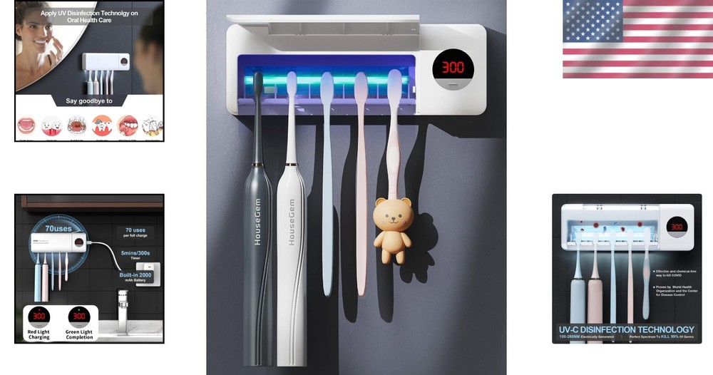 Toothbrush Holder Wall Mount with Timer USB Rechargeable 5 Slots Bathroom White