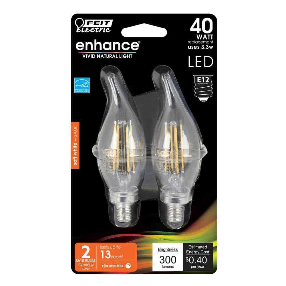 Feit Electric 40-Watt Equivalent BA10 E12 Light Bulb, Soft White (2-Pack)