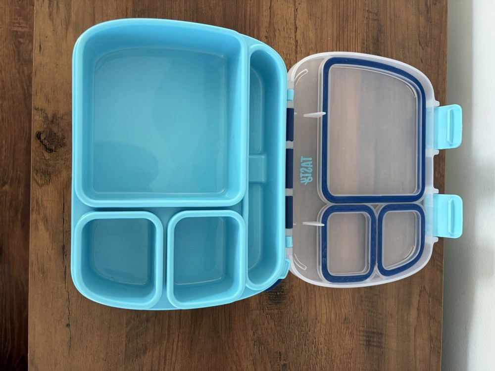 Tasty Blue 3-Compartment Rectangular Lunch Box with Handle and Snap Lid