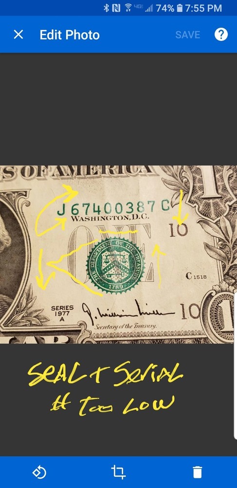 1977 Error Bill Misaligned & Off-Center Seal & Serial # -Obverse Border Missing