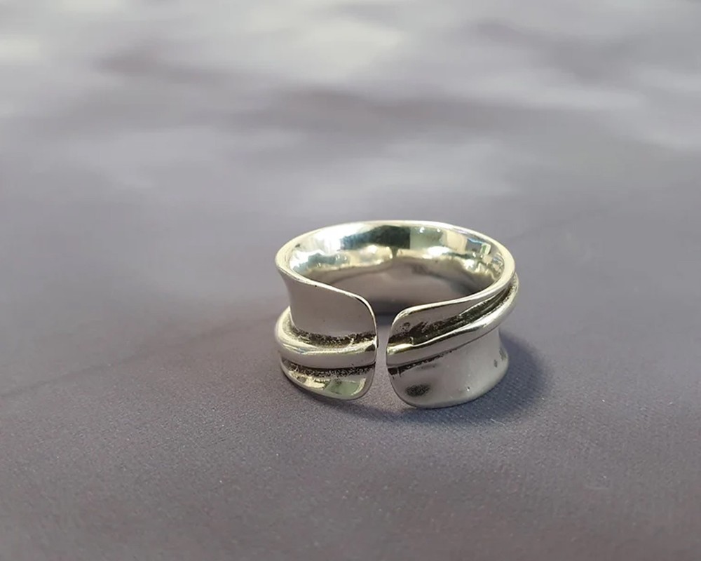 Solid 925Sterling Silver Adjustable Wrap Style Cuff Wide Boho Hammered Band Ring