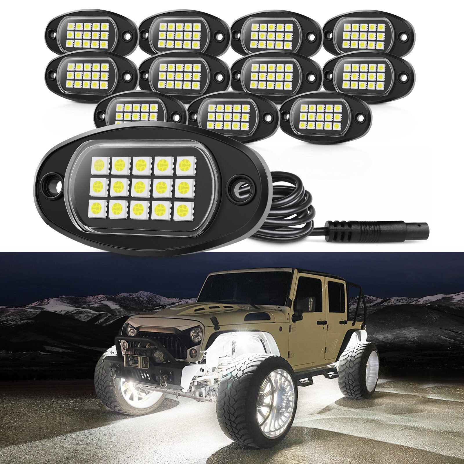 12x Pure White LED Rock Lights Underbody Glow Lamp for Offroad SUV Pickup Truck