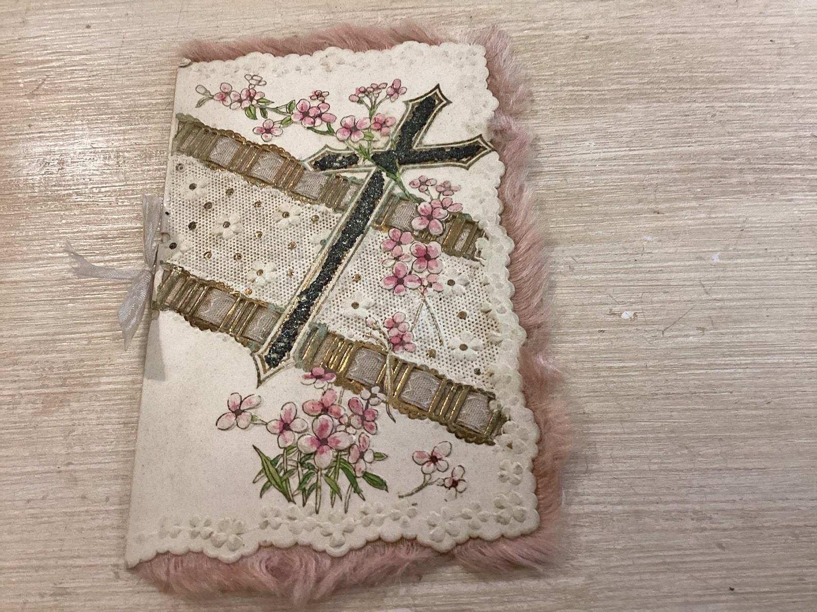 Beautiful French 1 St Communion Card Ribbon Bow Cross Glitter