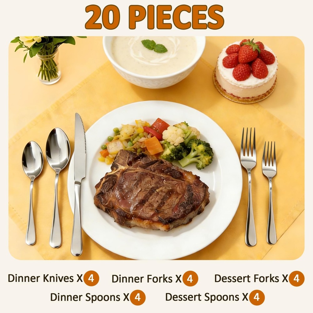 20 Piece Silverware Set,for Home,Kitchen,Restaurant.Flatware Set,Stainless St...